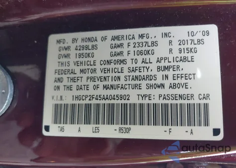 2010 Honda Accord 2.4 Lx-P from USA, damaged, VIN 1HGCP2F45AA045902